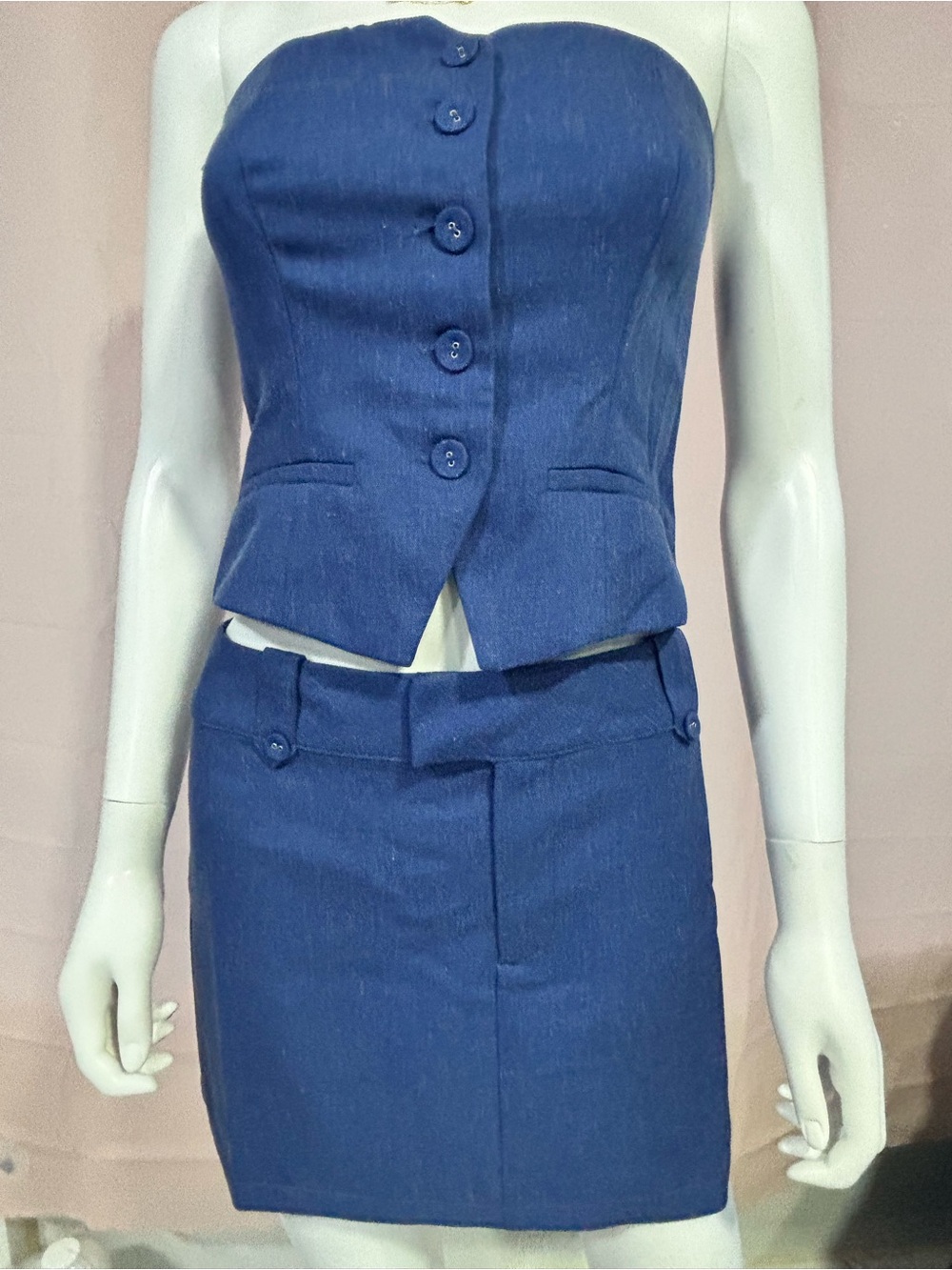 Strapless Navy Mini Skirt Suit Set - Tailored Blue Two-Piece